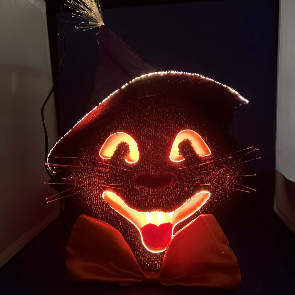 Dept 56 Halloween Black Cat Bow Tie Color Changing FIBER OPTIC Vintage 14x12"